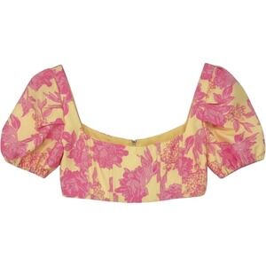 White Fox Crop Top Womens L Yellow Pink Floral Corset‎ Puff Sleeve Summer Boho